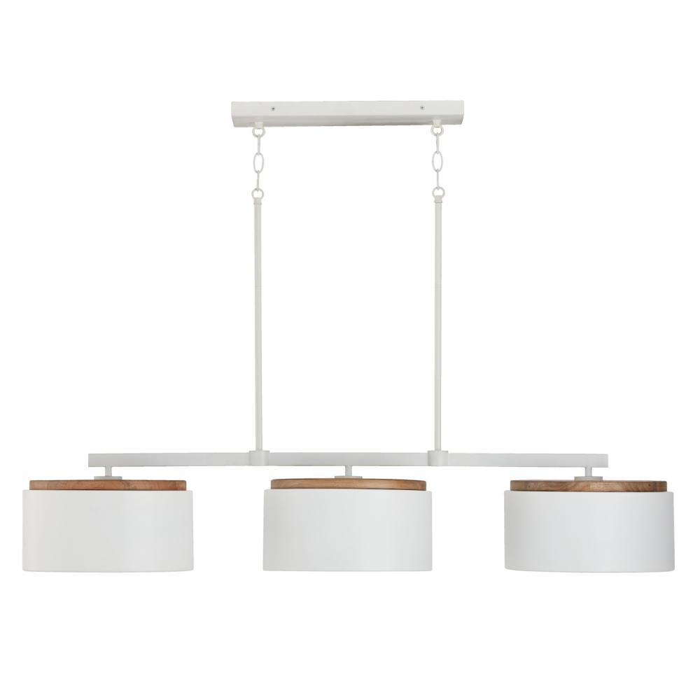 3-Light Linear Chandelier in White with Mango Wood and Matte White Metal Shades