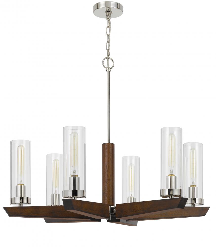 60W x 6 Ercolano pine wood/metal chandelier with clear glass shade (Edison bulbs NOT included)