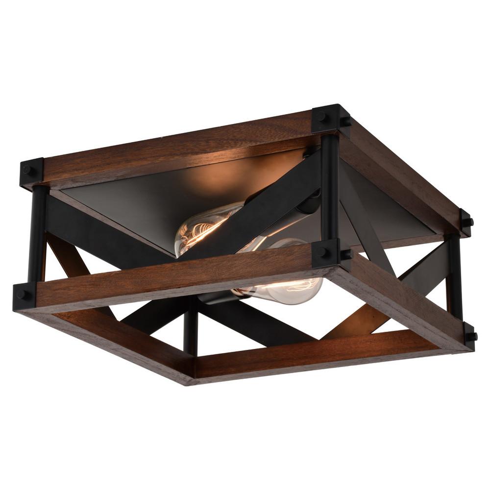 Wade 13-in. 2 Light Flush Mount Matte Black and Sycamore Wood