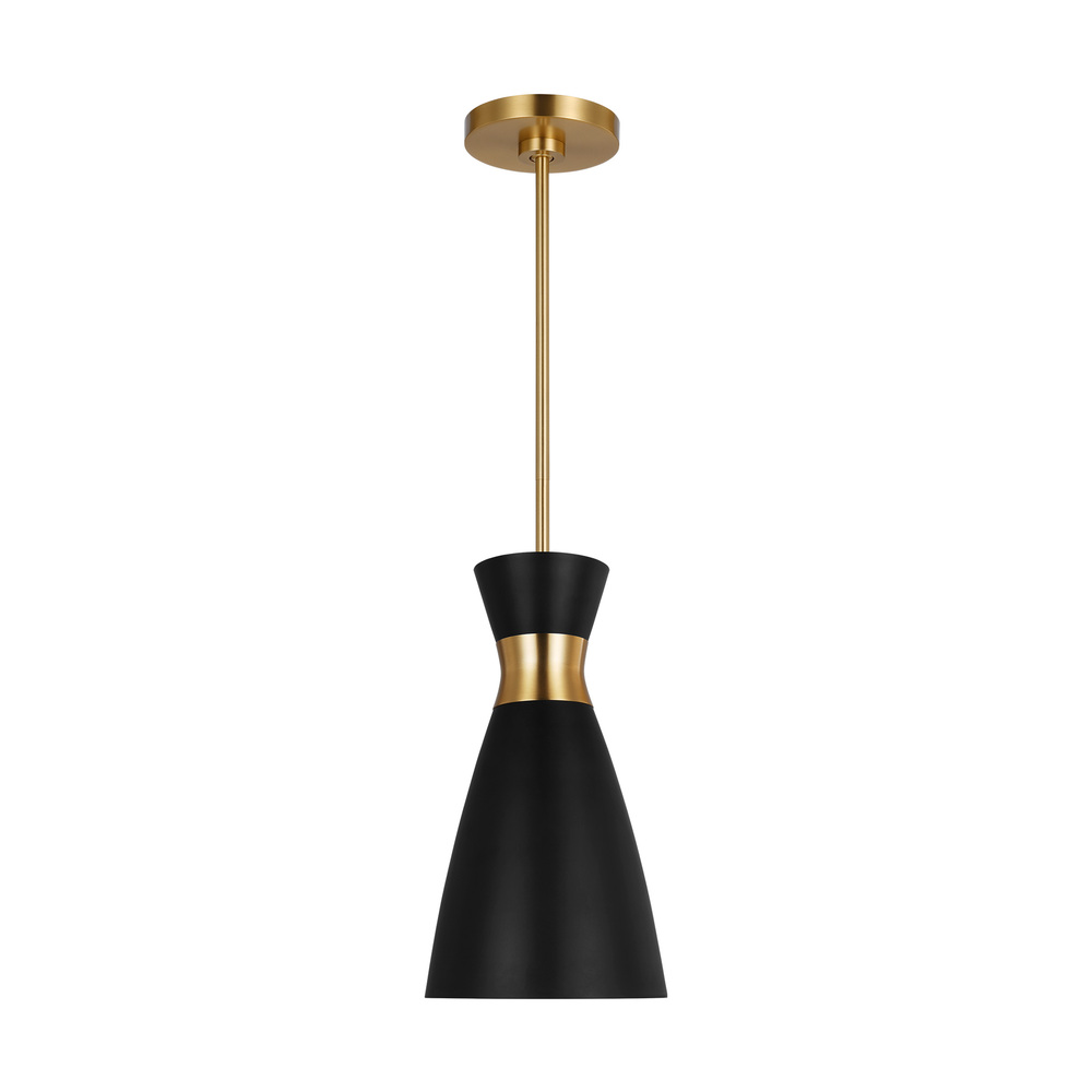 Heath modern mid-century indoor dimmable small 1-light pendant in a midnight black and burnished bra