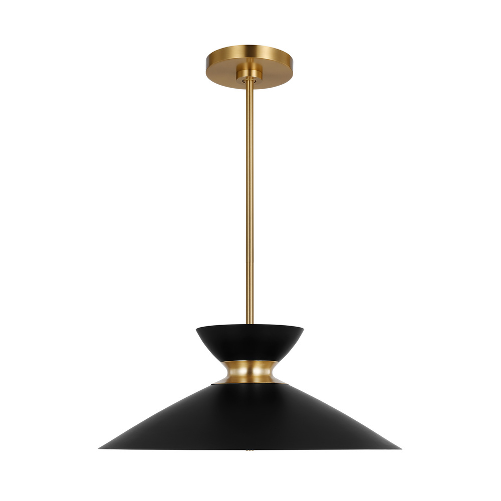 Heath modern mid-century indoor dimmable 1-light wide pendant in a midnight black and burnished bras