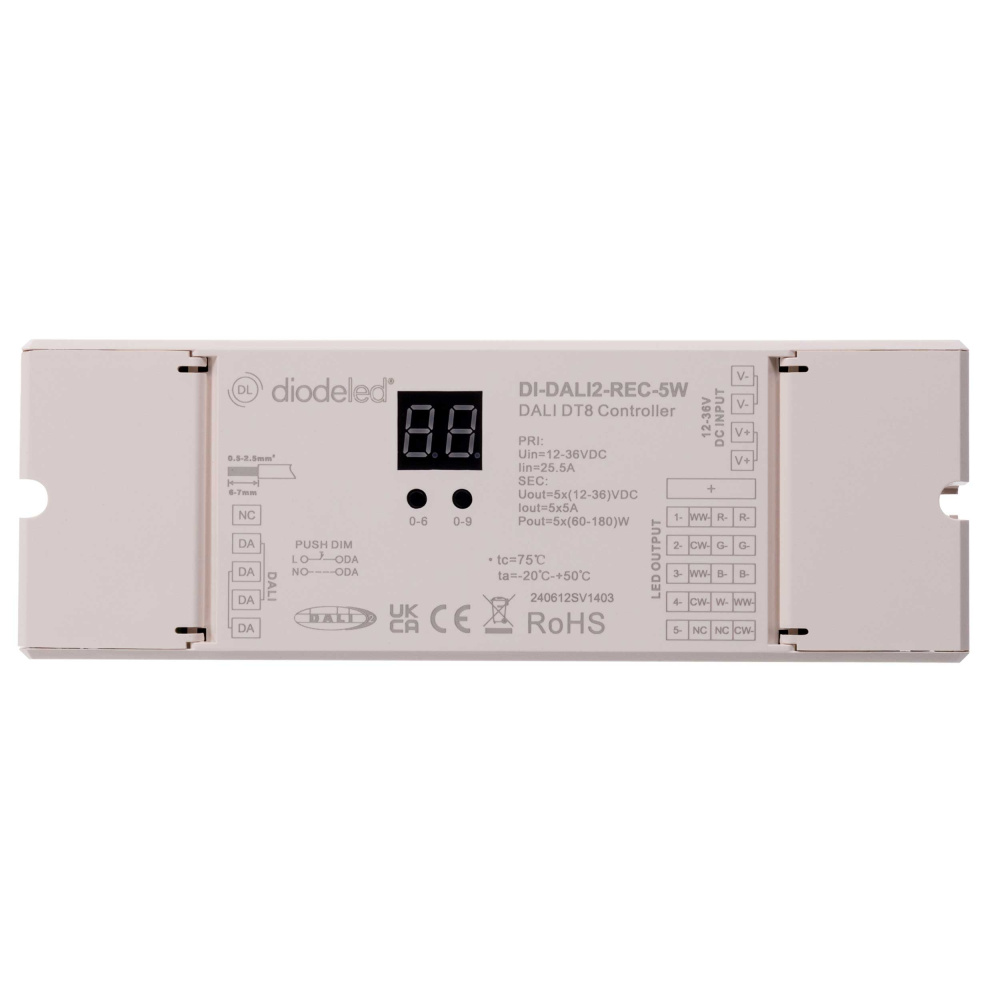 DALI DT8/DALI2 5-Channel Decoder for TW, RGB(W), RGBWW Controls