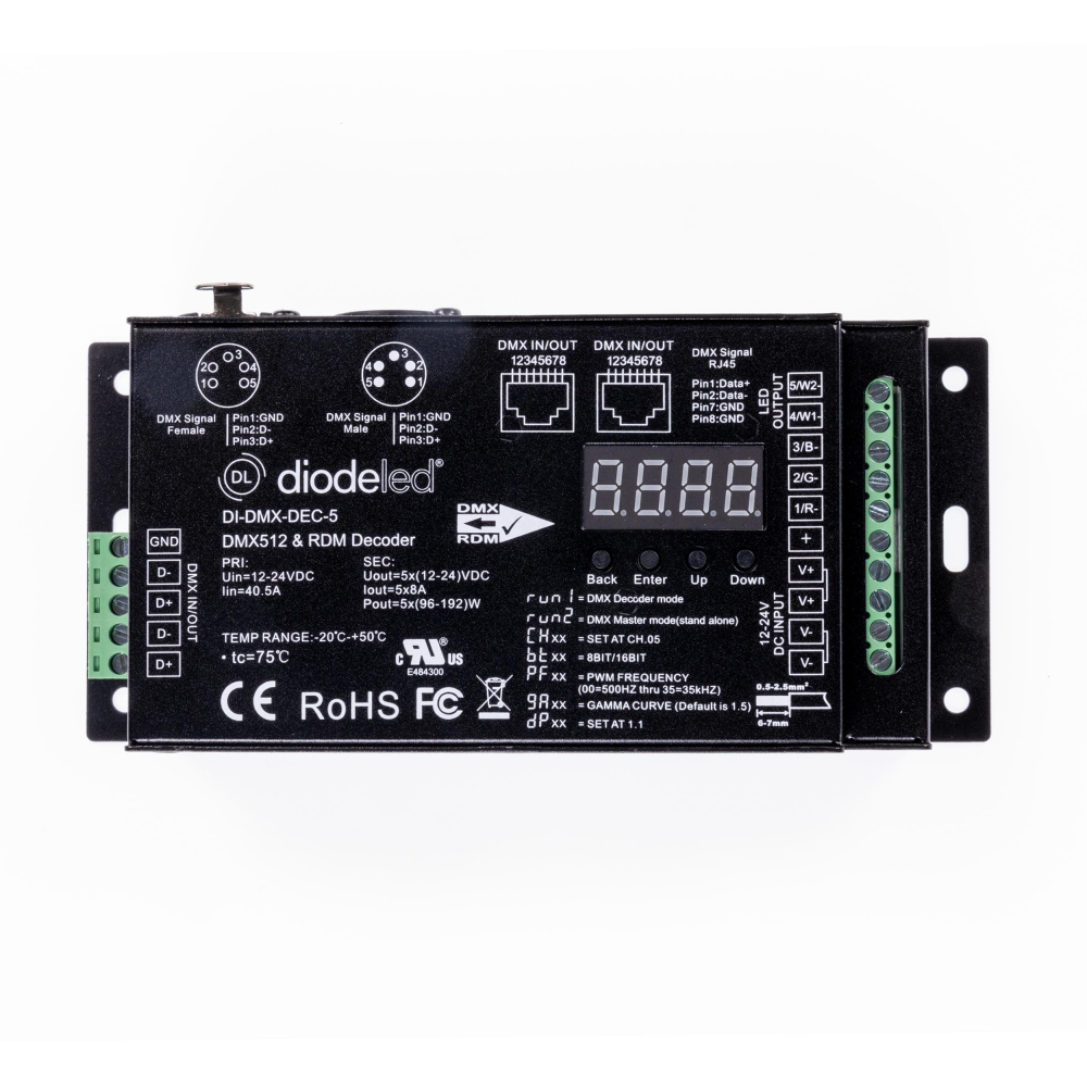 DMX512 5-Channel Decoder with RDM and Digital Display, controls LED TW, RGB