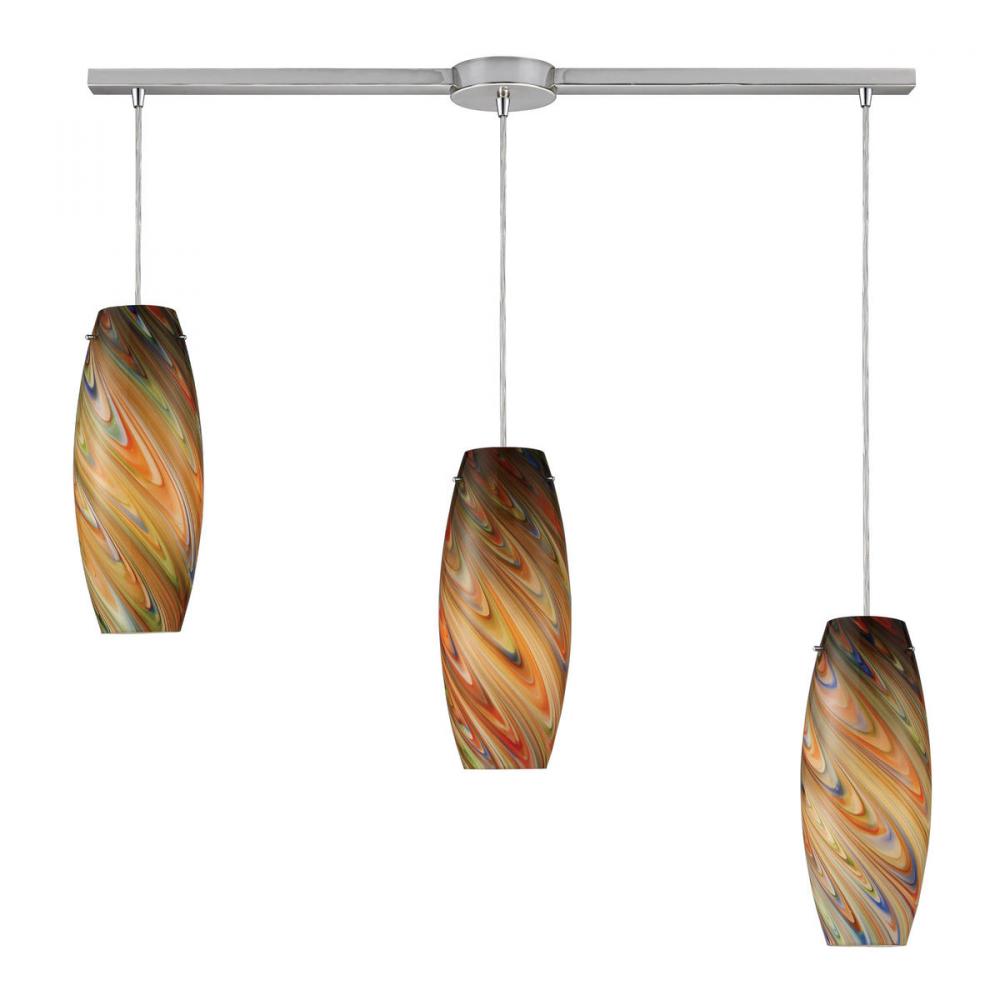 Vortex 3-Light Linear Pendant Fixture in Satin Nickel with Rainbow Glass