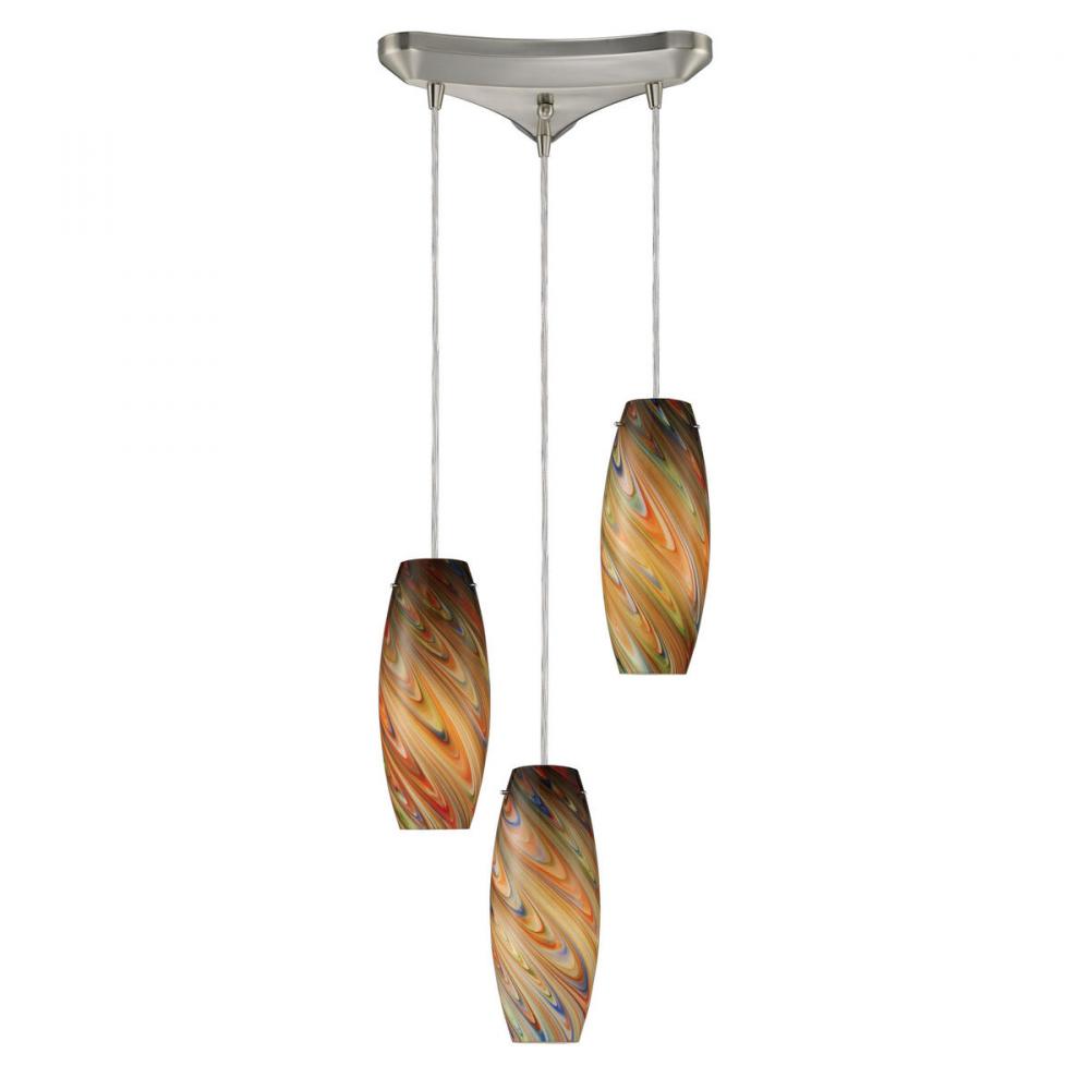 Vortex 3-Light Triangular Pendant Fixture in Satin Nickel with Rainbow Glass