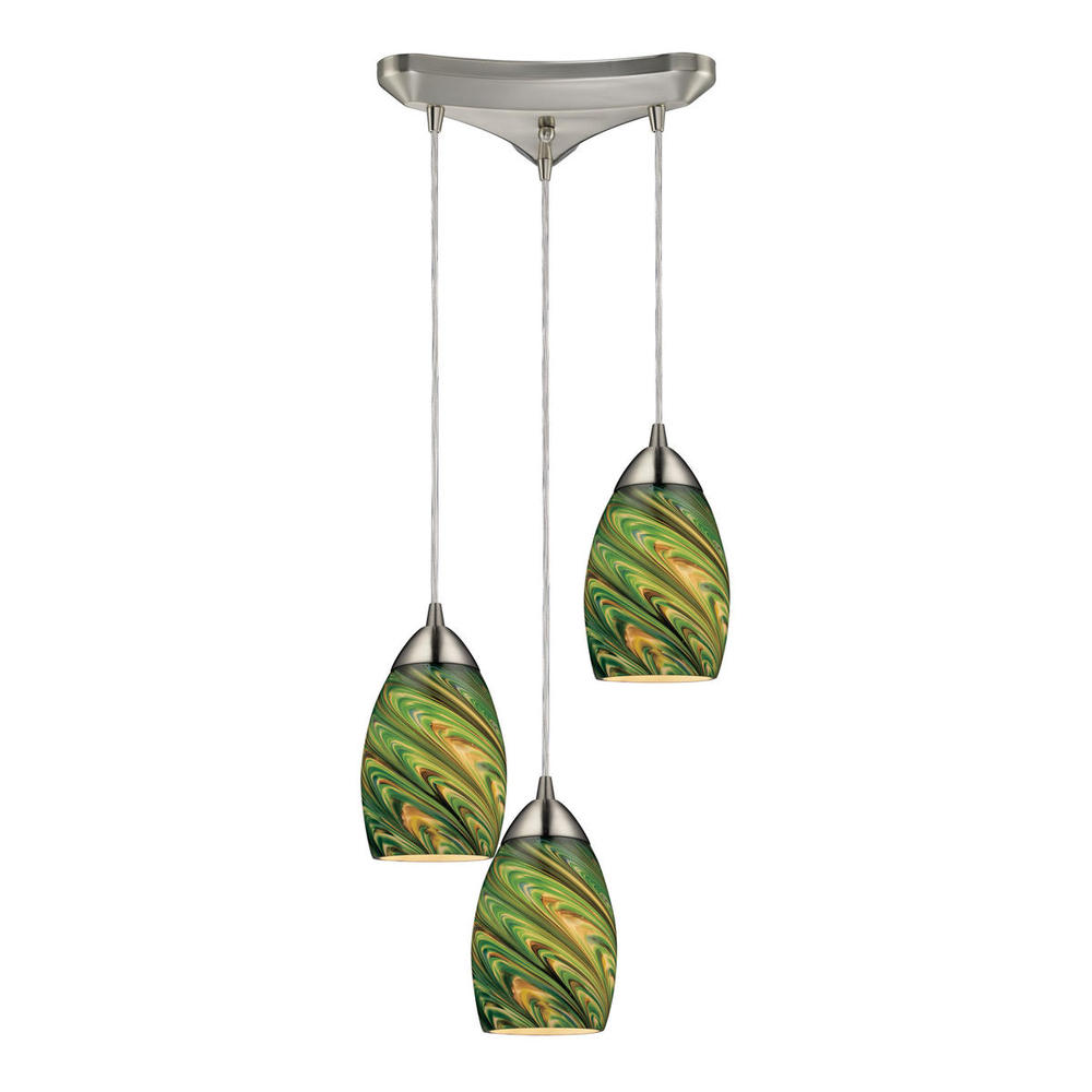 Vortex 3-Light Triangular Pendant Fixture in Satin Nickel with Multi-colored Glass