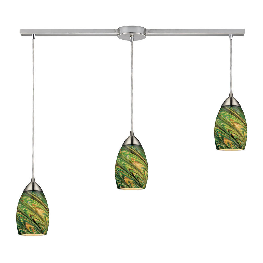 Vortex 3-Light Linear Pendant Fixture in Satin Nickel with Multi-colored Glass