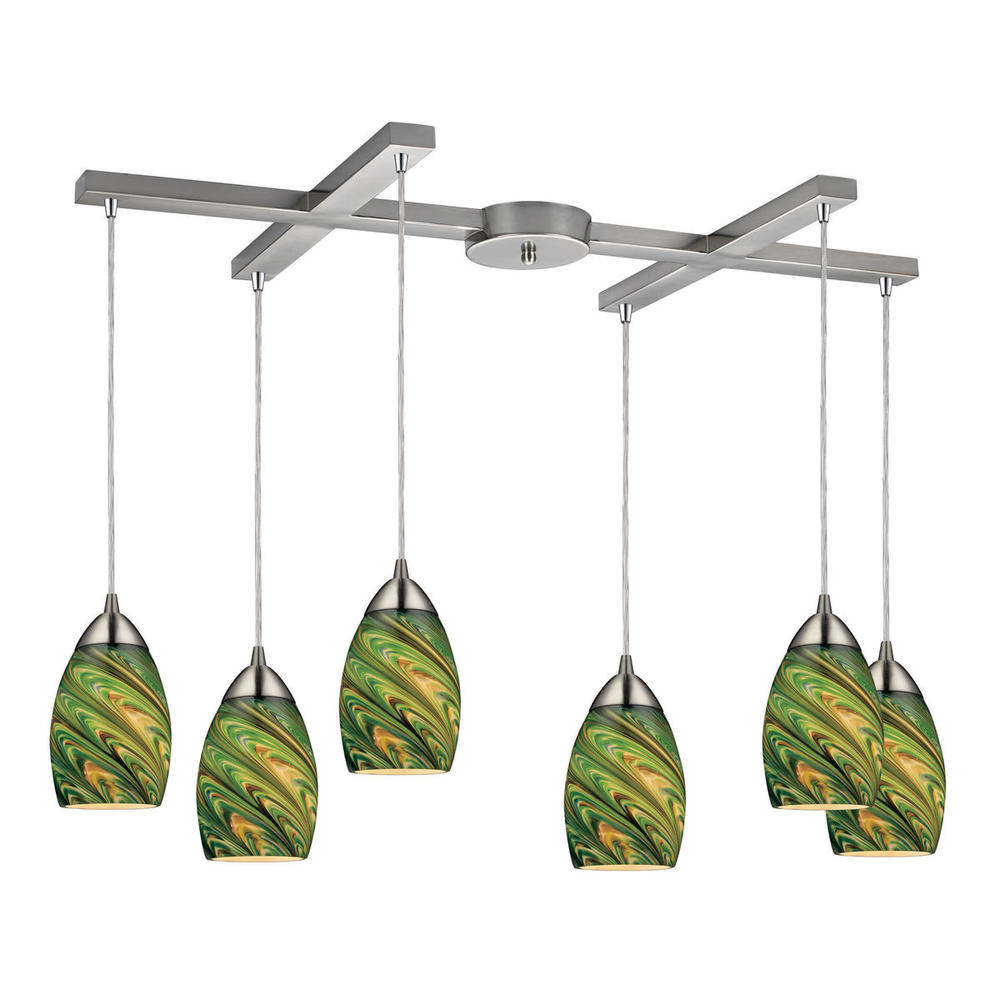 Vortex 6-Light H-Bar Pendant Fixture in Satin Nickel with Multi-colored Glass