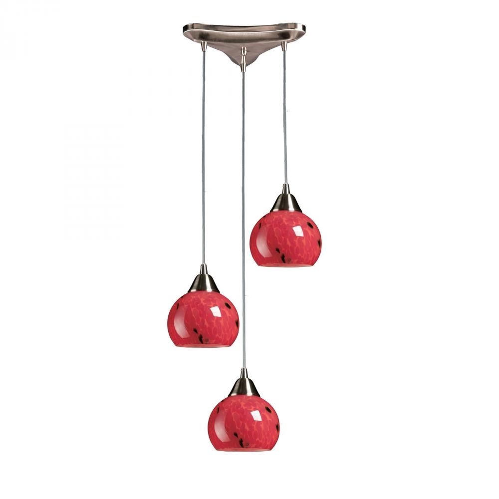 Mela 3 Light Pendant In Satin Nickel And Fire Re