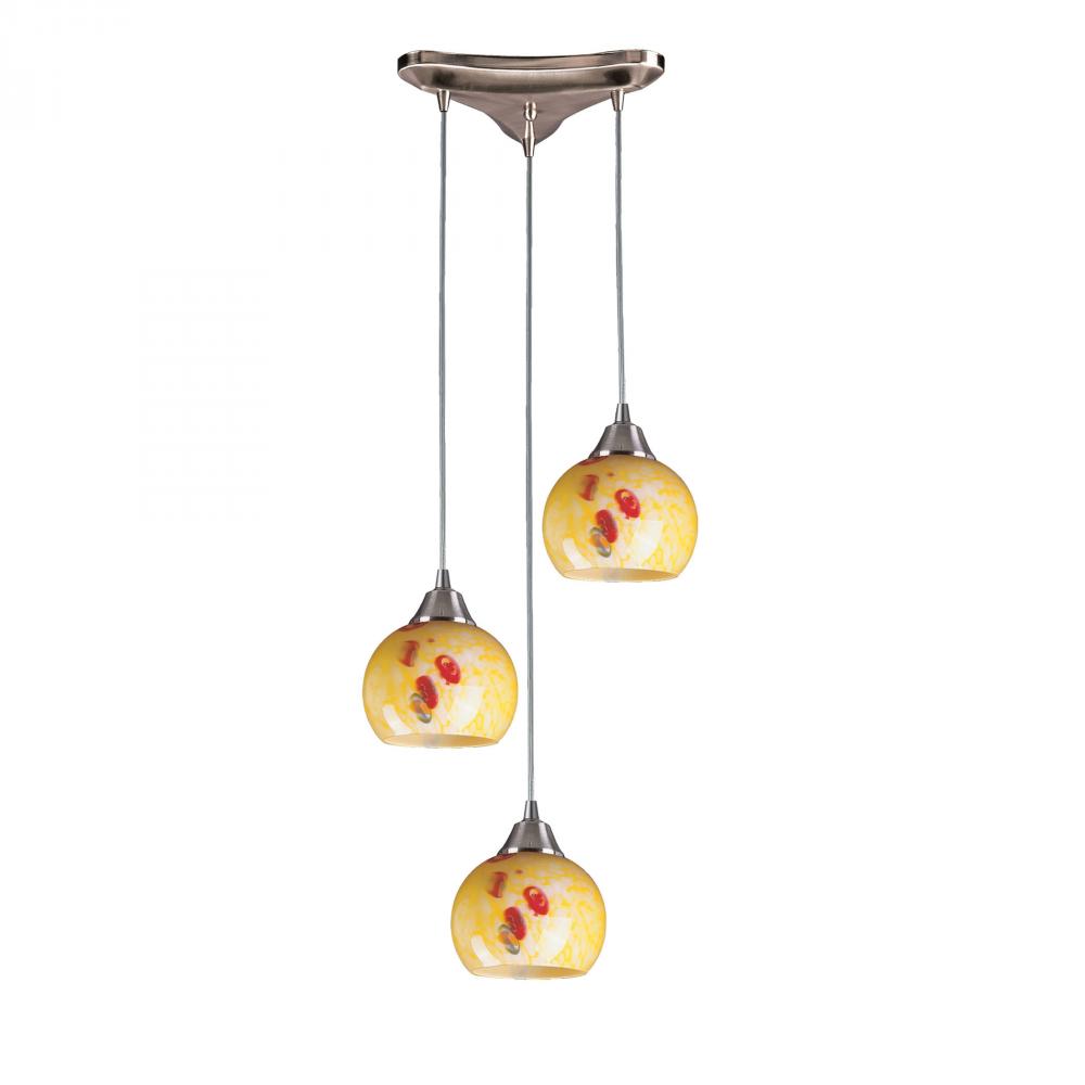 Mela 3 Light Pendant In Satin Nickel And Yellow