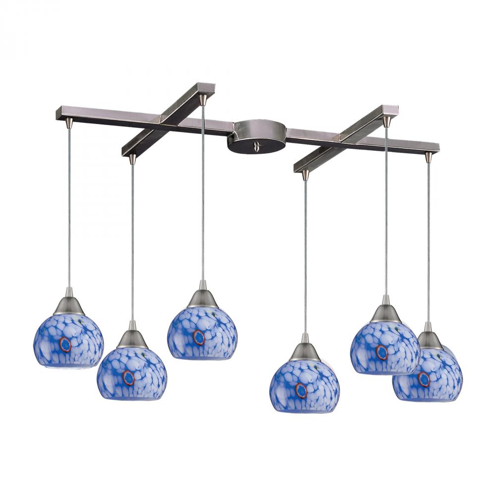 Mela 6 Light Pendant In Satin Nickel And Starbur