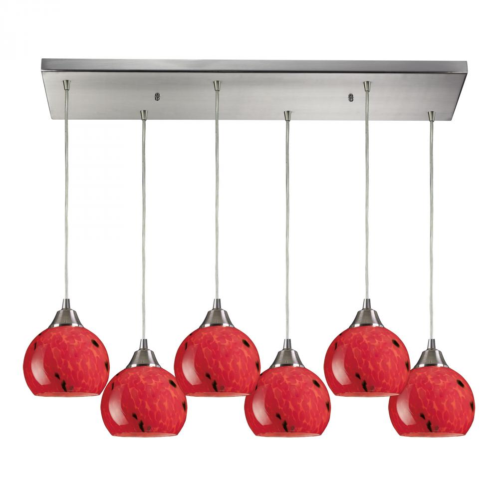 Mela 6 Light Pendant In Satin Nickel And Fire Re