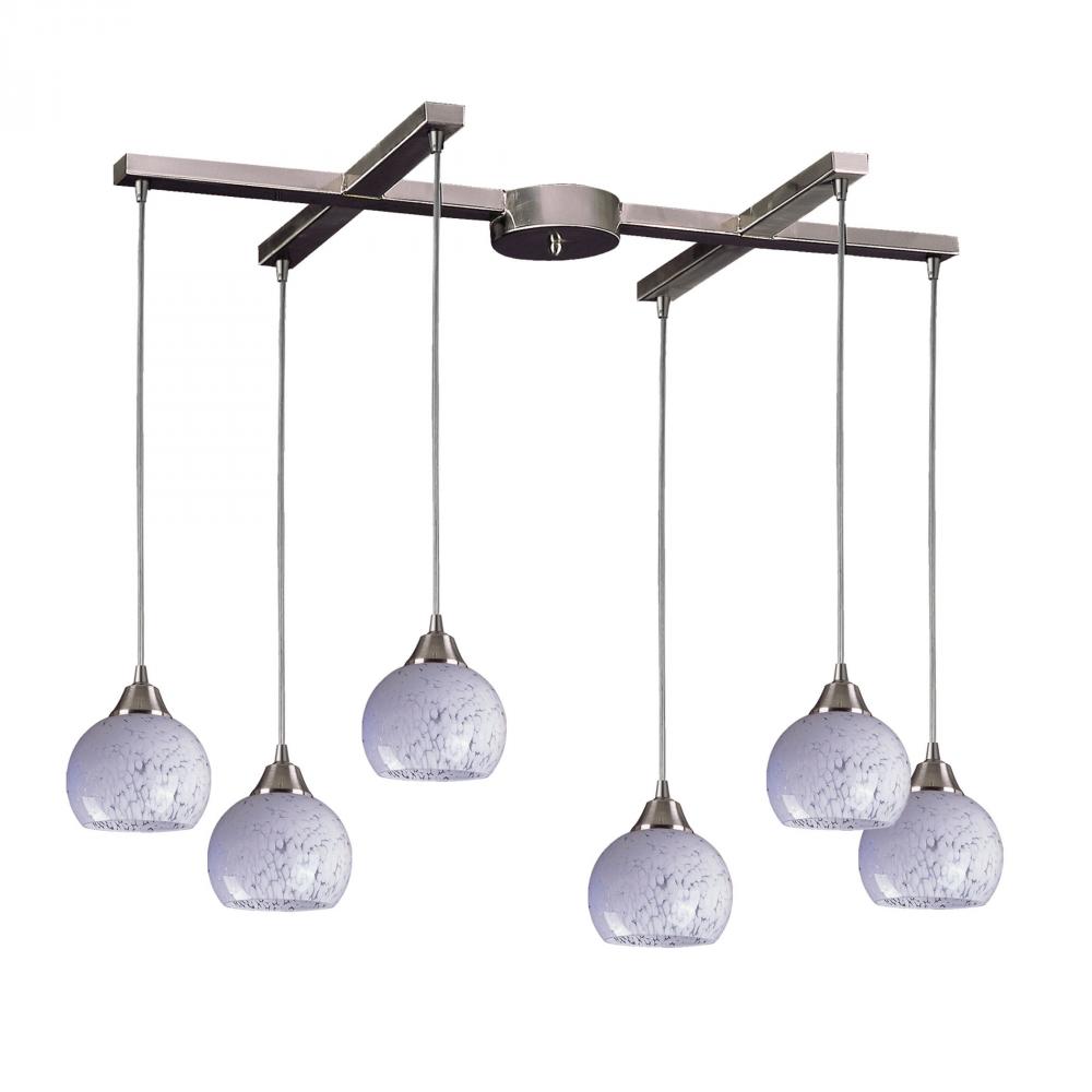 Mela 6 Light Pendant In Satin Nickel And Snow Wh