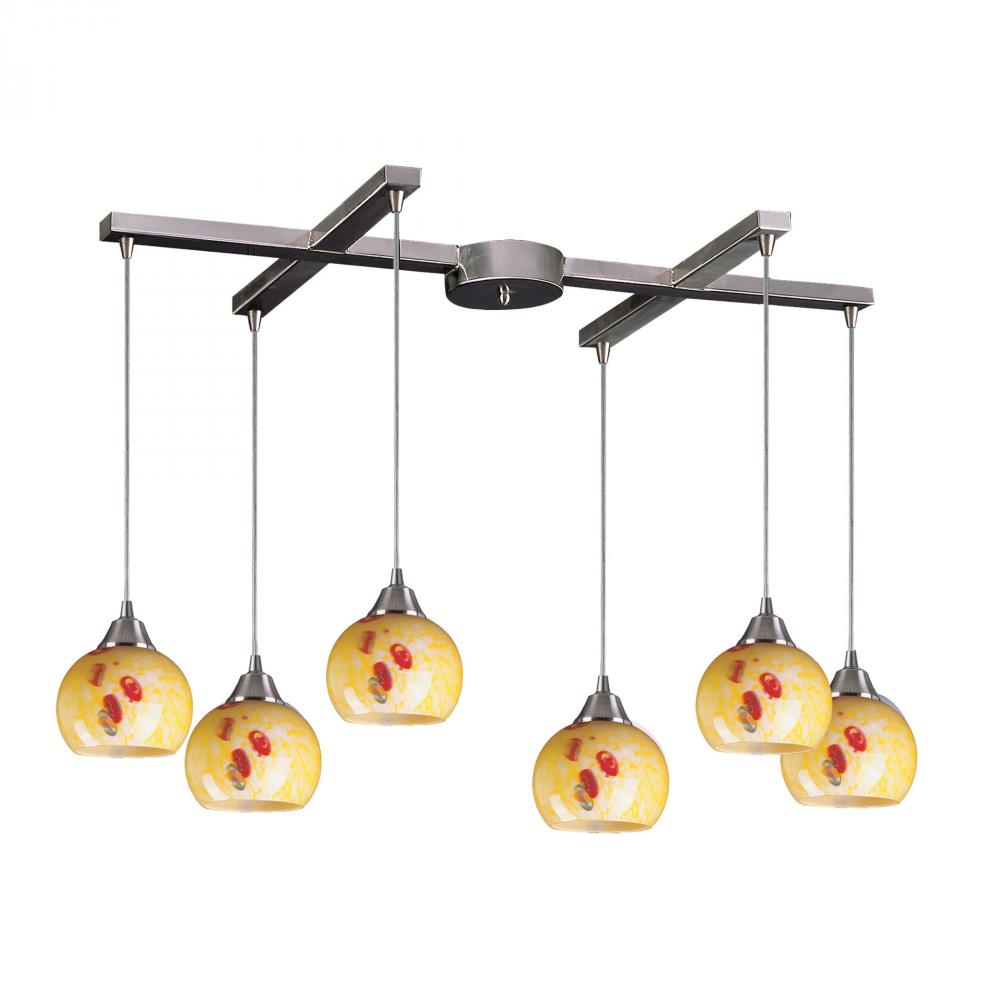 Mela 6 Light Pendant In Satin Nickel And Yellow