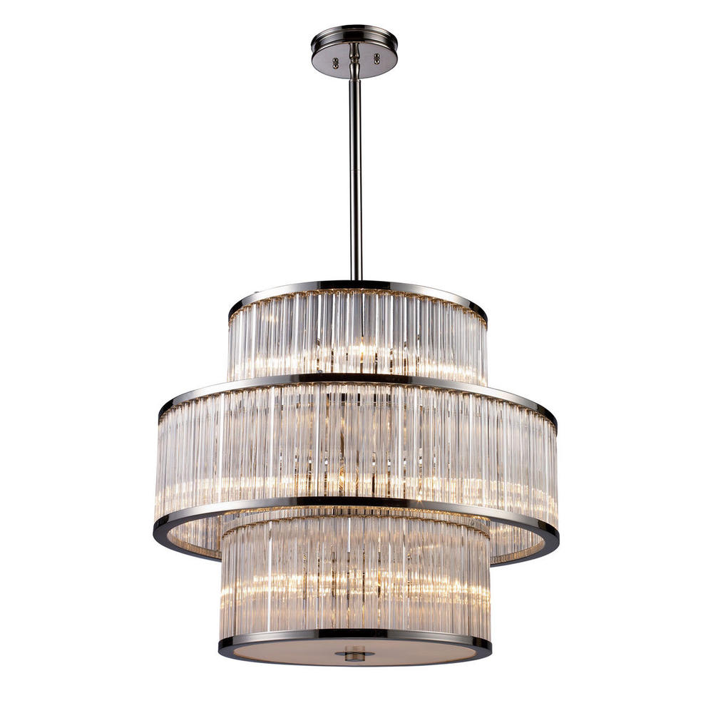 Braxton 15-Light Chandelier in Polished Nickel with Ribbed Glass Cylinder Shade