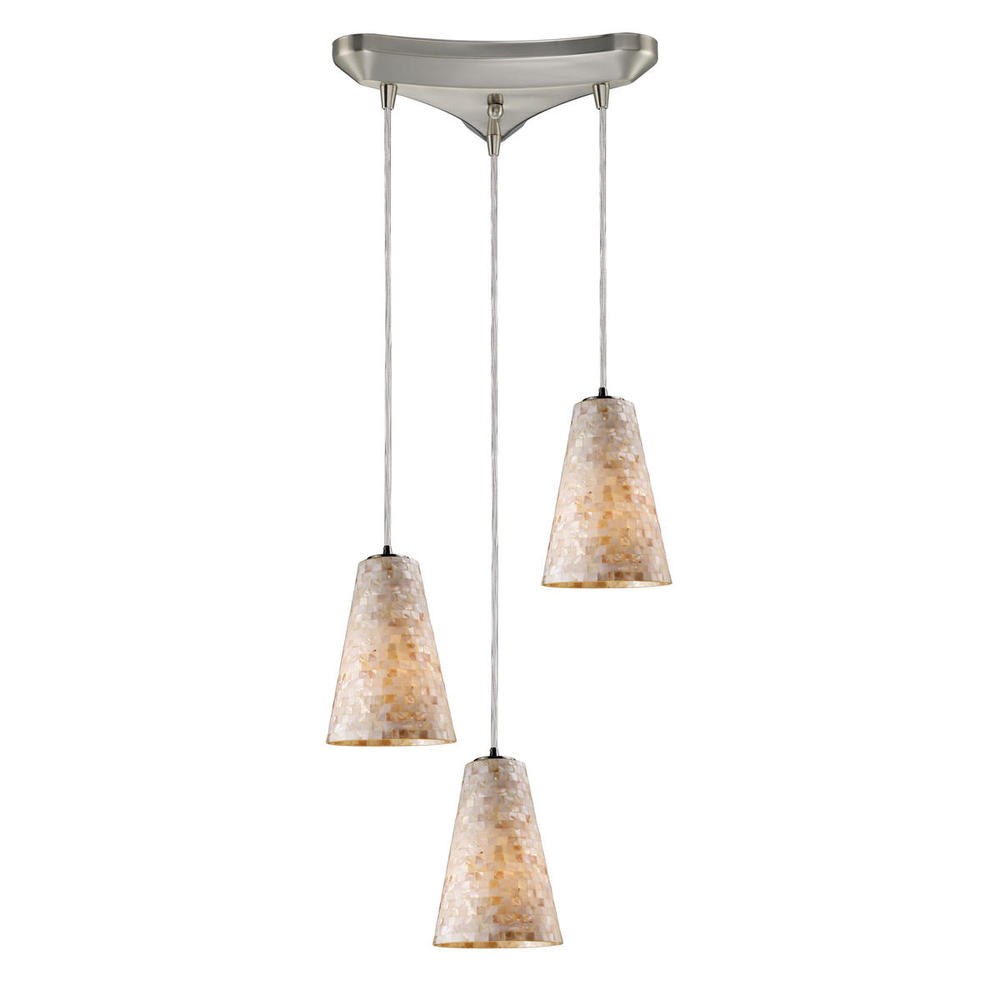 Capri 3-Light Triangular Pendant Fixture in Satin Nickel with Capiz Shell Glass