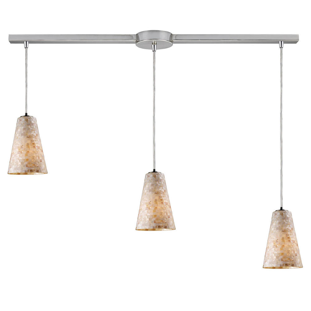 Capri 3-Light Linear Pendant Fixture in Satin Nickel with Capiz Shell Glass