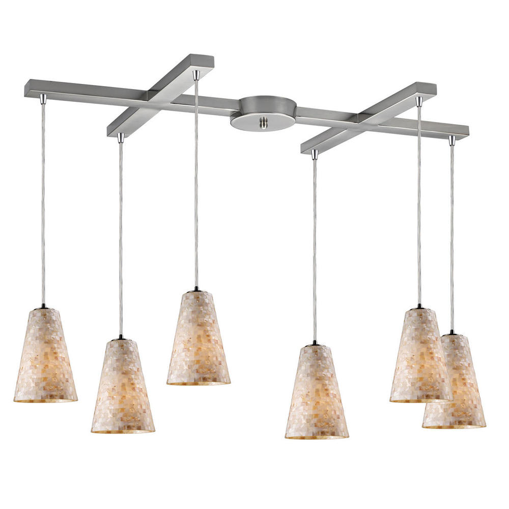 Capri 6-Light H-Bar Pendant Fixture in Satin Nickel with Capiz Shell Glass