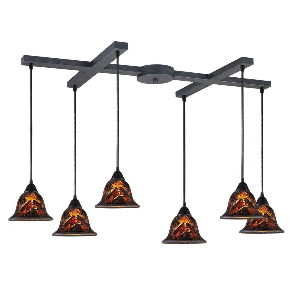 Firestorm 6-Light H-Bar Pendant Fixture in Dark Rust with Firestorm Glass