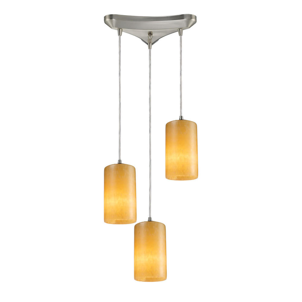 Piedra 3-Light Triangular Pendant Fixture in Satin Nickel with Genuine Stone Shades