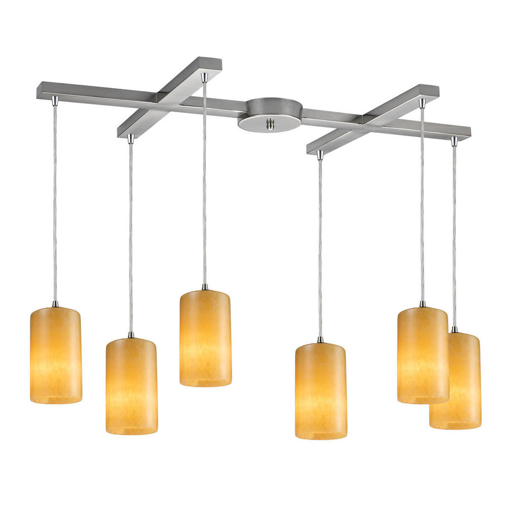 Piedra 6-Light H-Bar Pendant Fixture in Satin Nickel with Genuine Stone Shades