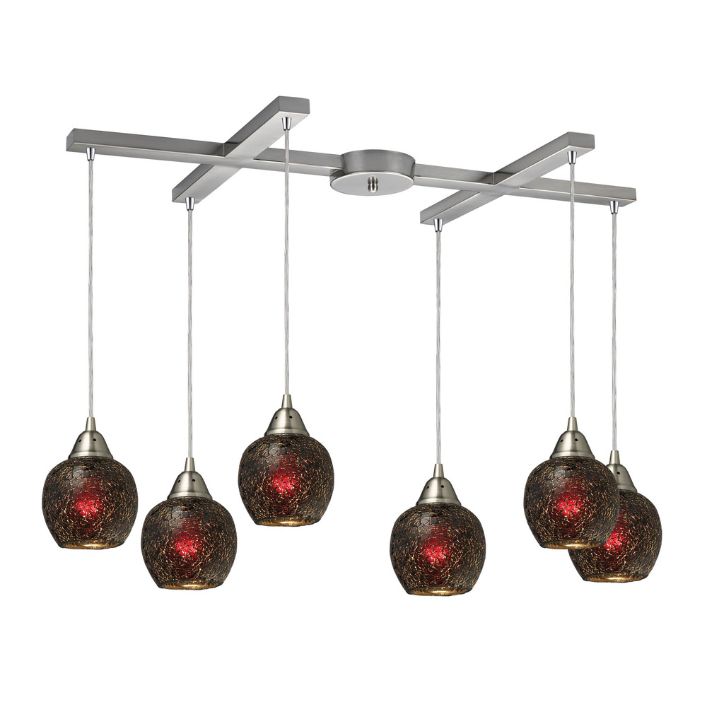 Fission 6 Light Pendant In Satin Nickel And Wine