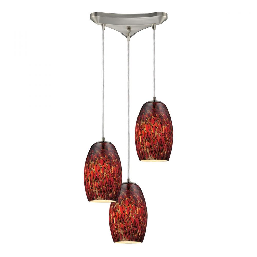 Maui 3-Light Triangular Pendant Fixture in Satin Nickel with Embers Glass