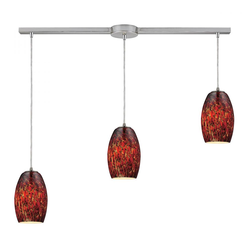 Maui 3-Light Linear Pendant Fixture in Satin Nickel with Embers Glass