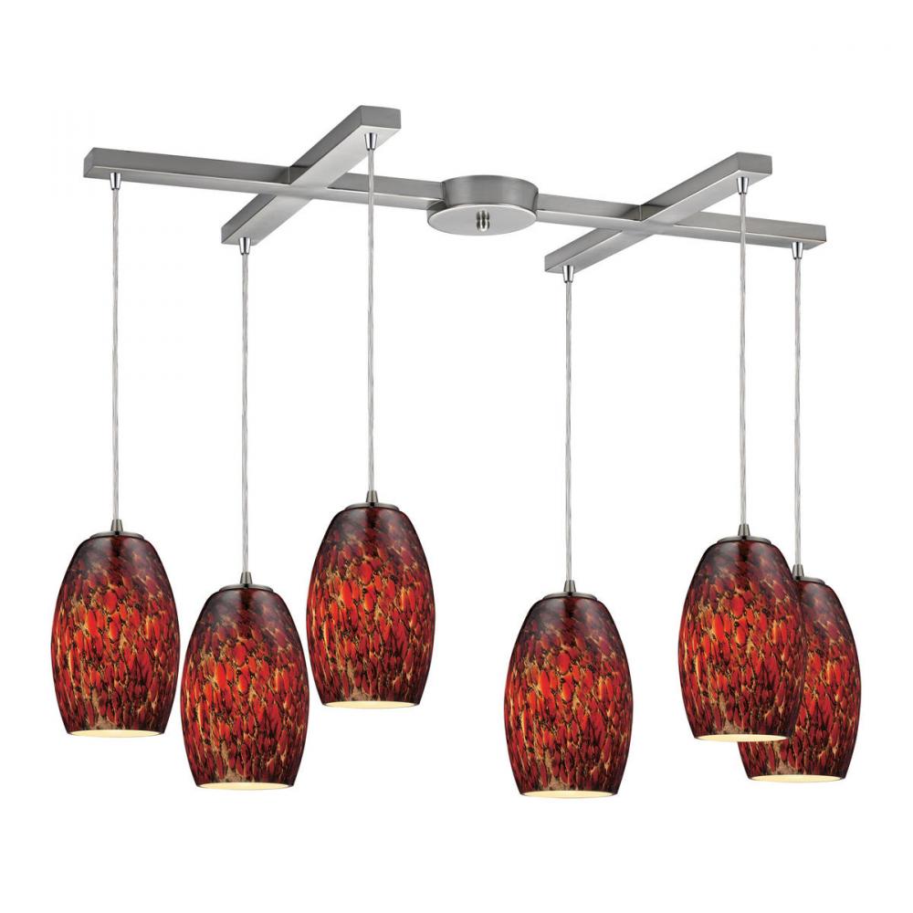 Maui 6-Light H-Bar Pendant Fixture in Satin Nickel with Embers Glass