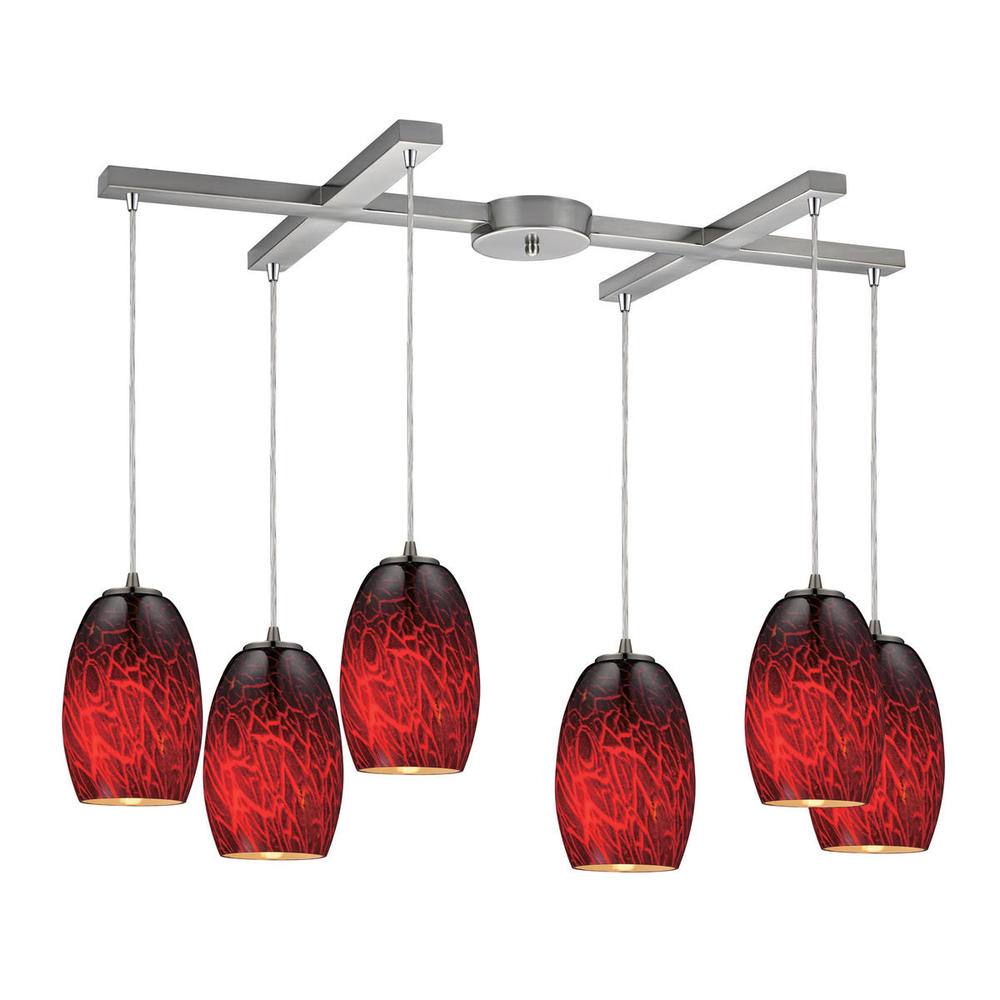 Maui 6-Light H-Bar Pendant Fixture in Satin Nickel with Fire Burnt Glass