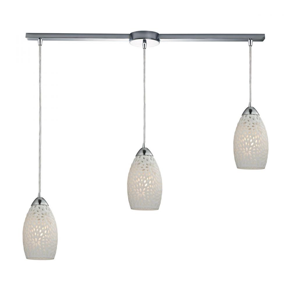Etched Glass 3-Light Linear Pendant Fixture in Polished Chrome with White Etched Glass