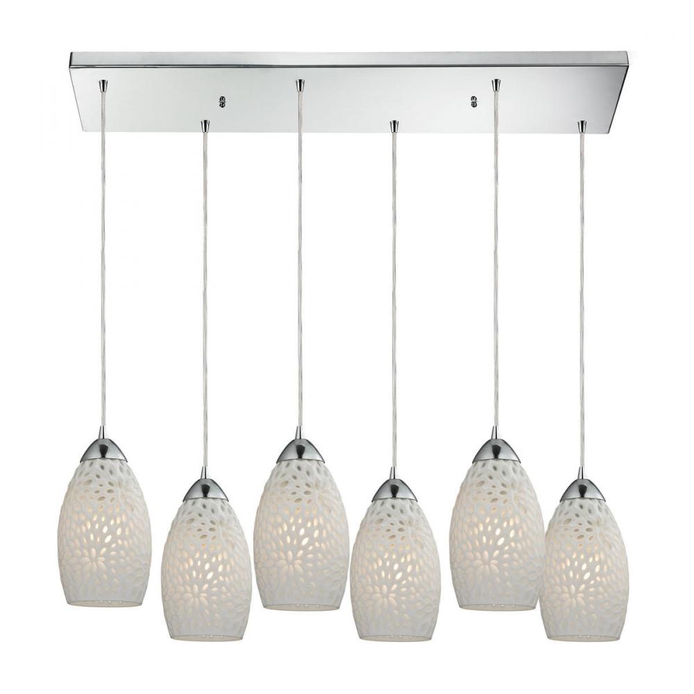 Etched Glass 6-Light Rectangular Pendant Fixture in Polished Chrome with White Etched Glass