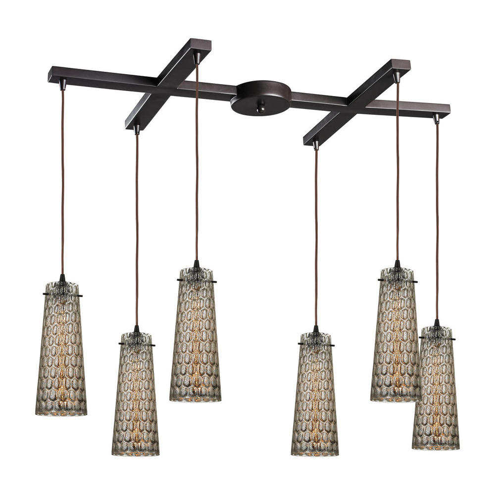 Jerard 6-Light H-Bar Pendant Fixture in Oil Rubbed Bronze with Textured Glass Shade