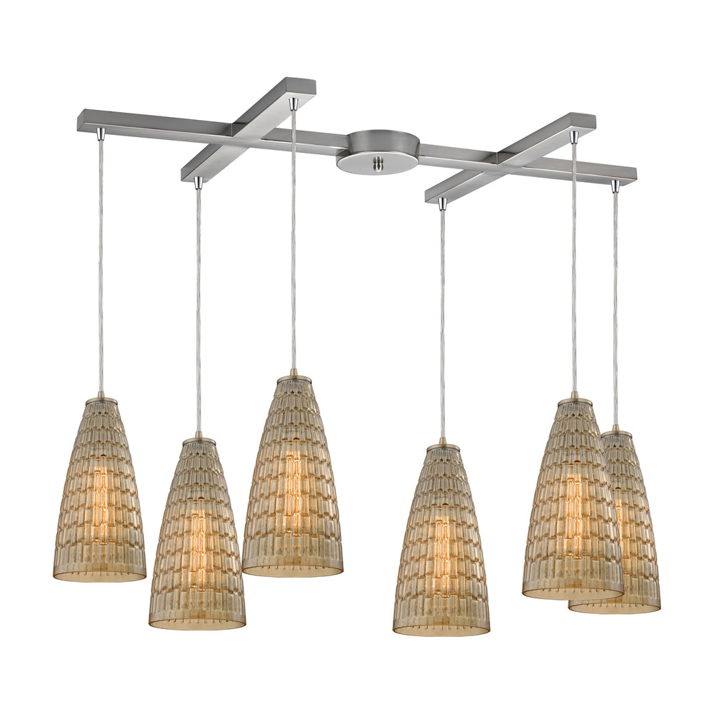 Mickley 6 Light Pendant In Satin Nickel And Ambe