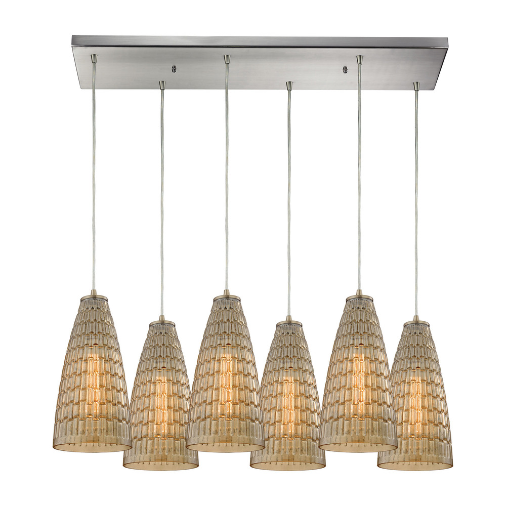 Mickley 6 Light Pendant In Satin Nickel And Ambe