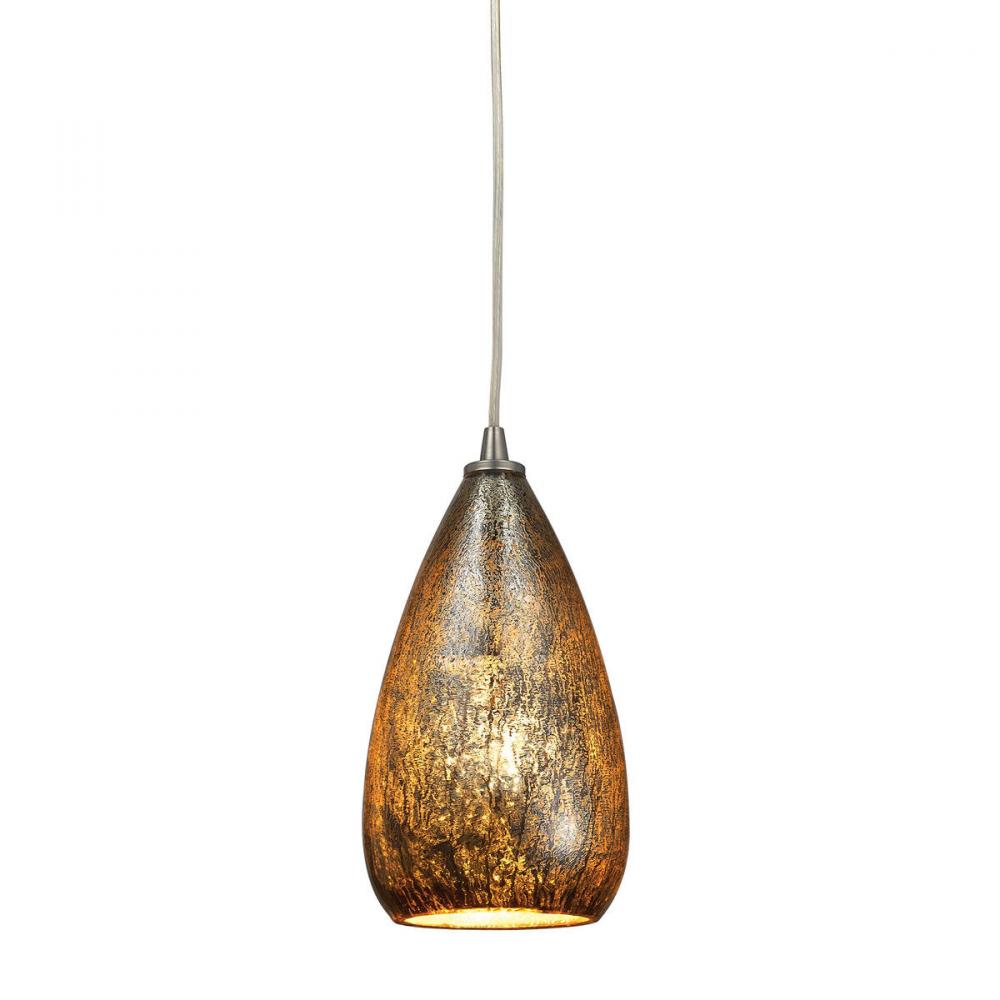 Karma 1-Light Mini Pendant in Satin Nickel with Amber Crackle Glass
