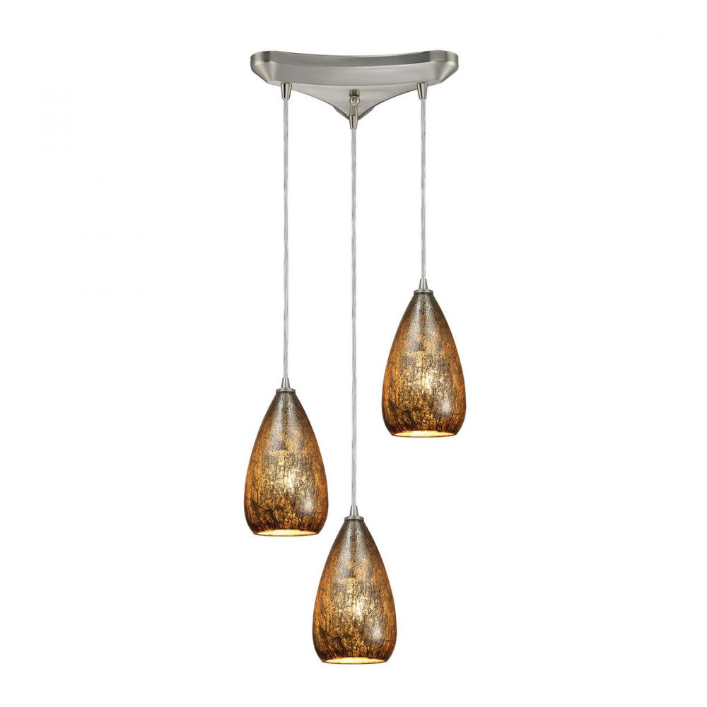 Karma 3-Light Triangular Pendant Fixture in Satin Nickel with Amber Crackle Glass