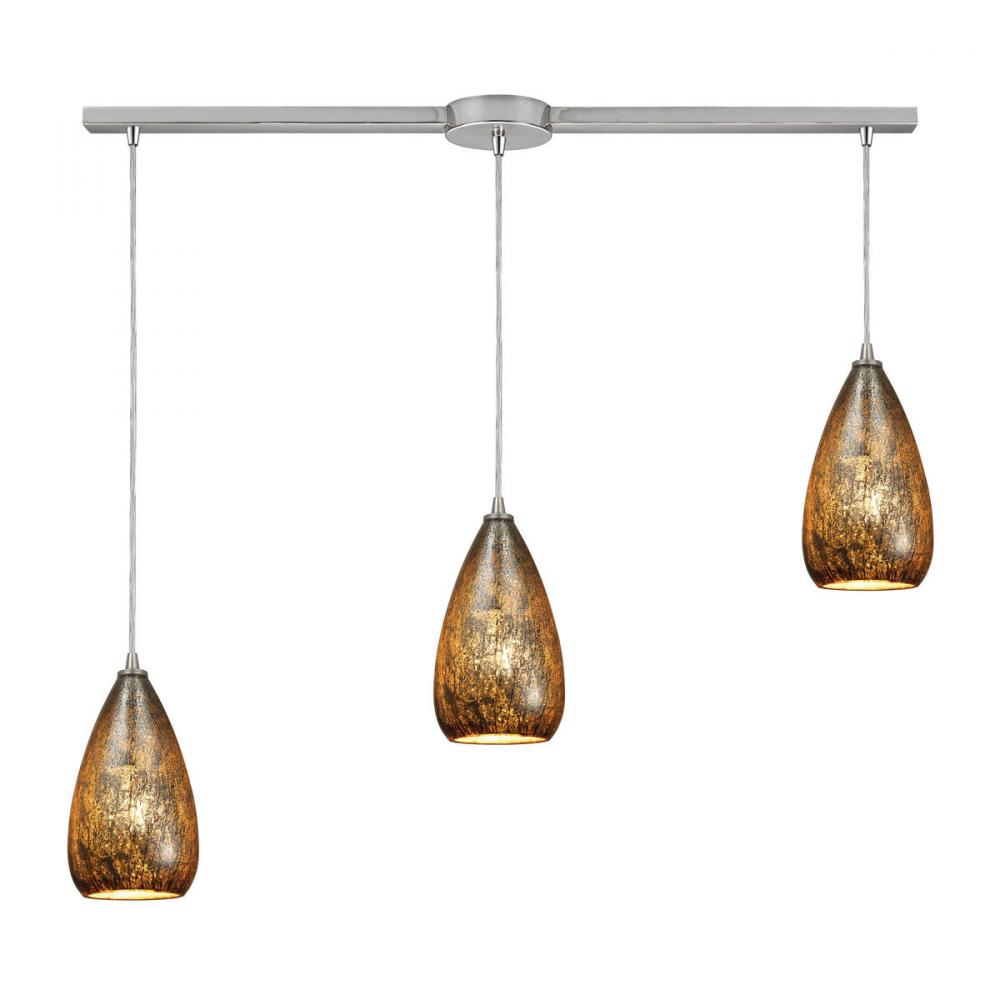Karma 3-Light Linear Pendant Fixture in Satin Nickel with Amber Crackle Glass