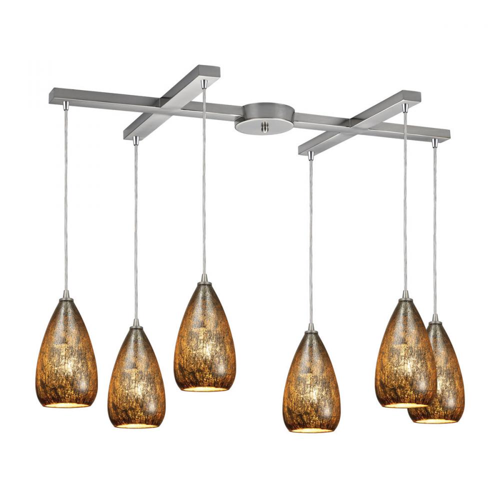 Karma 6-Light H-Bar Pendant Fixture in Satin Nickel with Amber Crackle Glass