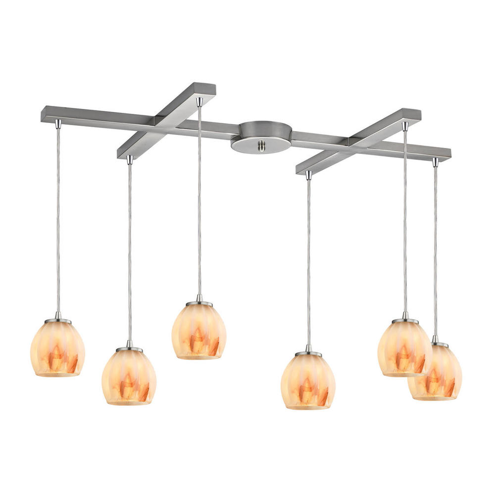 Melony 6-Light H-Bar Pendant Fixture in Satin Nickel with Frosted Glass