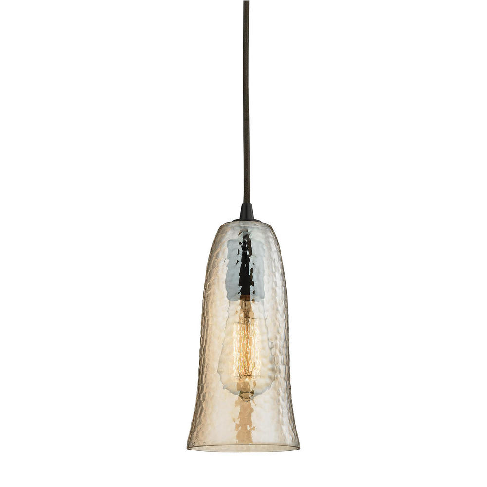Hammered Glass 1-Light Mini Pendant in Oiled Bronze with Amber-plated Hammered Glass