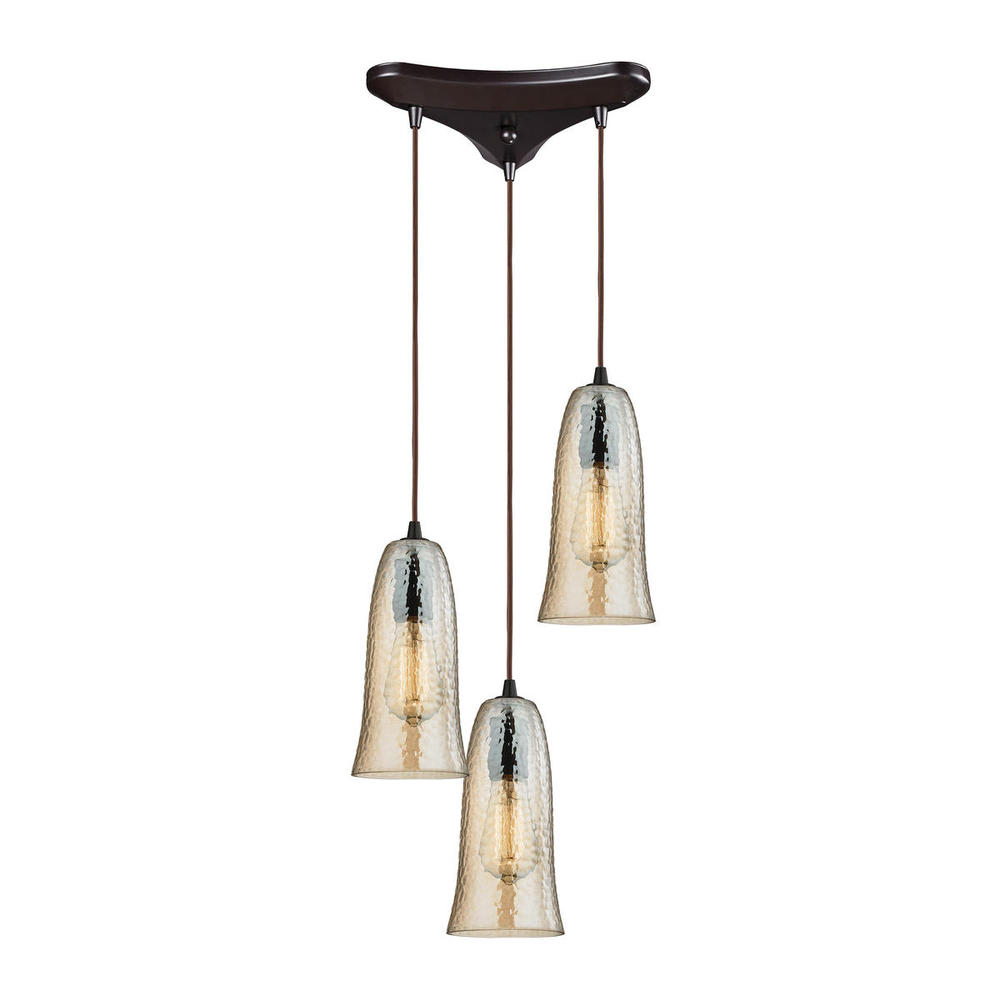 Hammered Glass 3-Light Triangular Pendant Fixture in Oiled Bronze with Amber-plated Hammered Glass