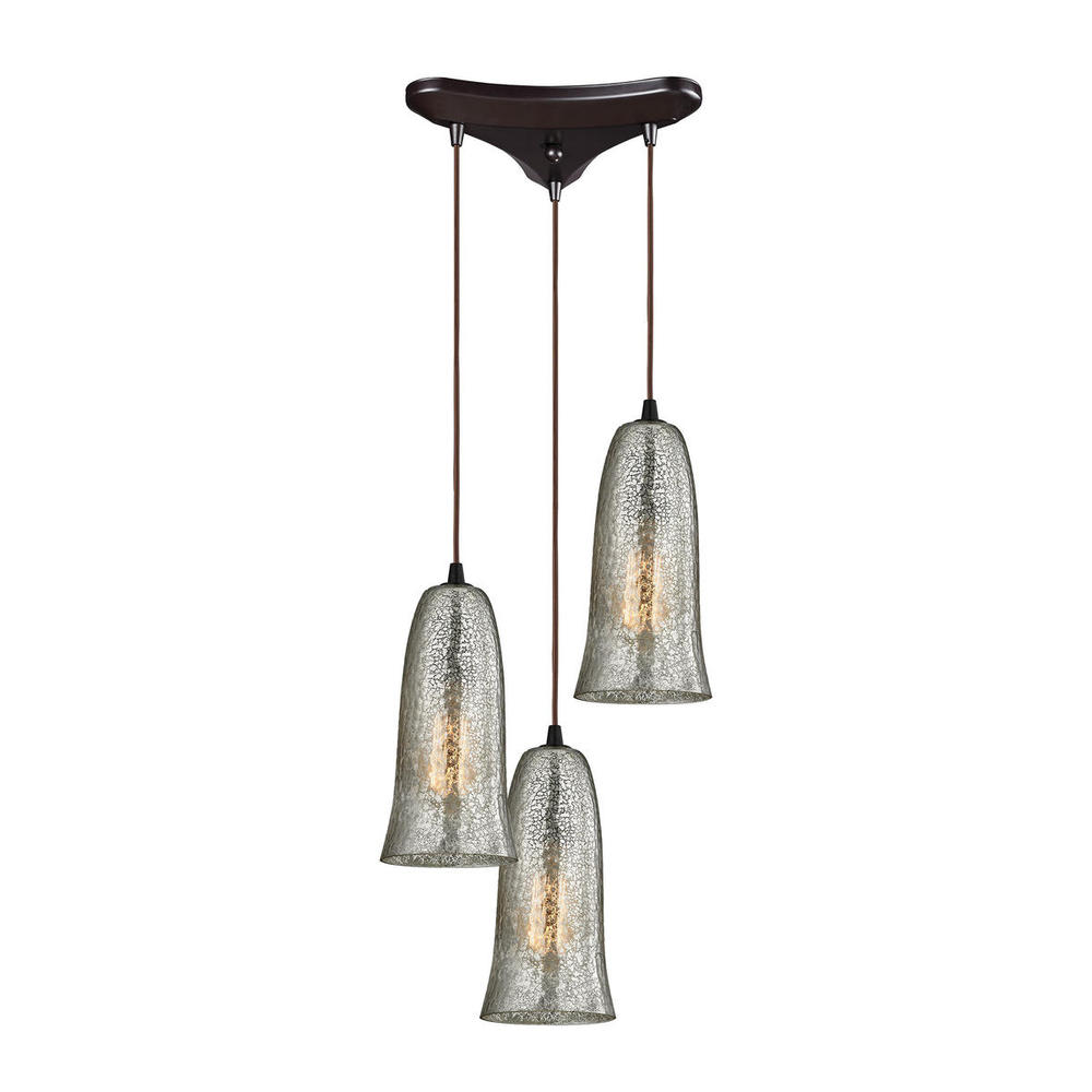 Hammered Glass 3-Light Triangular Pendant Fixture in Oiled Bronze with Hammered Mercury Glass