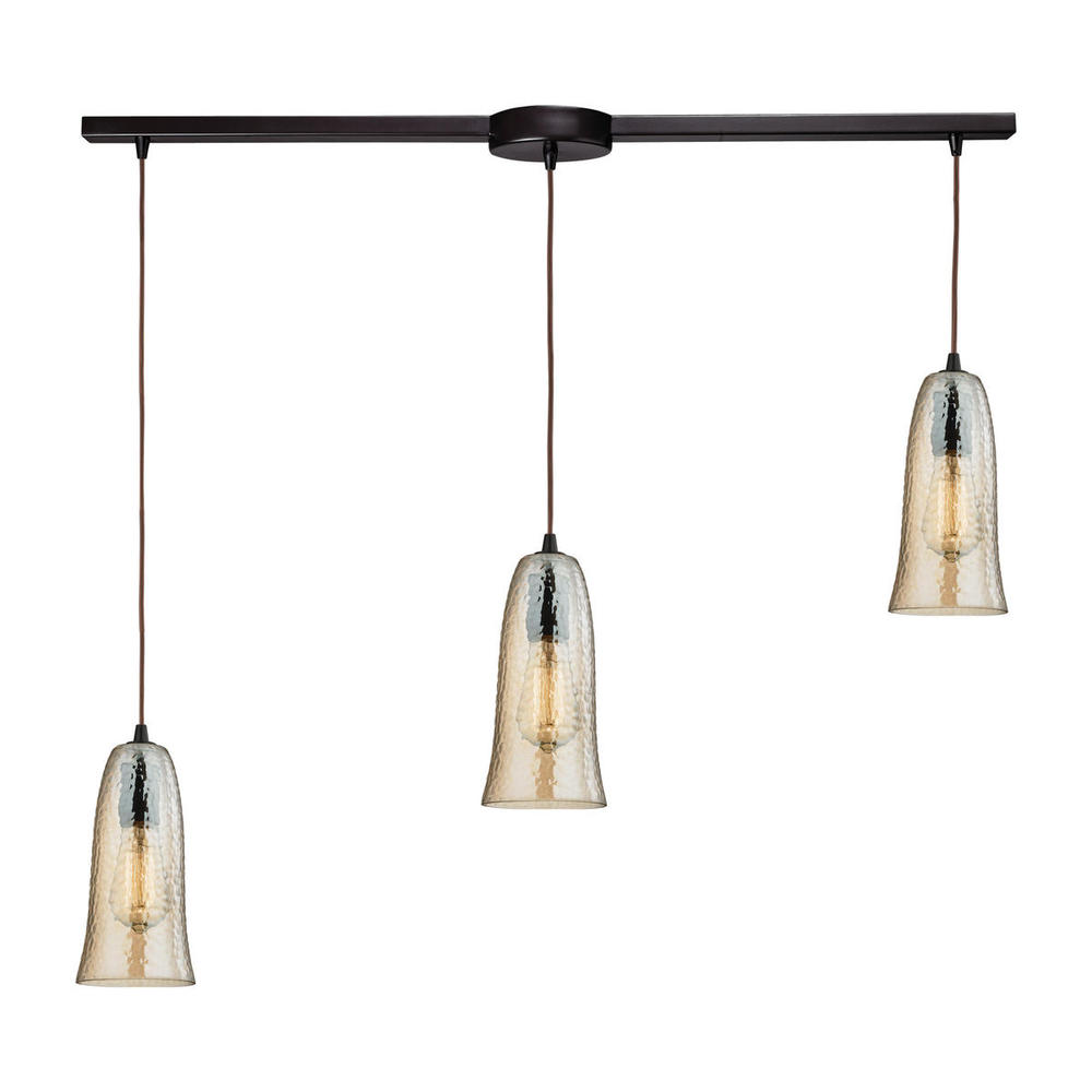 Hammered Glass 3-Light Linear Pendant Fixture in Oiled Bronze with Amber-plated Hammered Glass