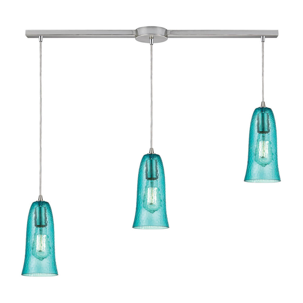 Hammered Glass 3-Light Linear Pendant Fixture in Satin Nickel with Hammered Aqua Glass