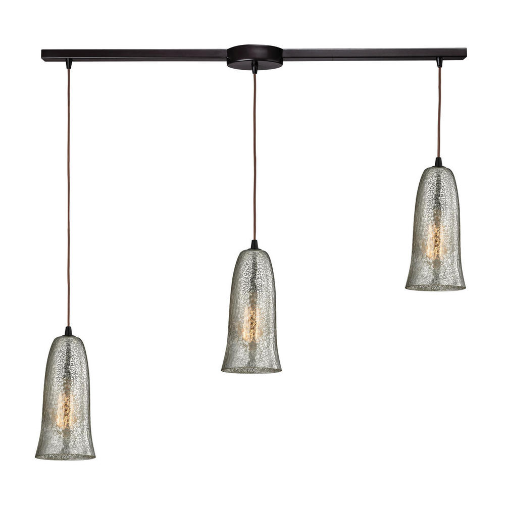 Hammered Glass 3-Light Linear Pendant Fixture in Oiled Bronze with Hammered Mercury Glass