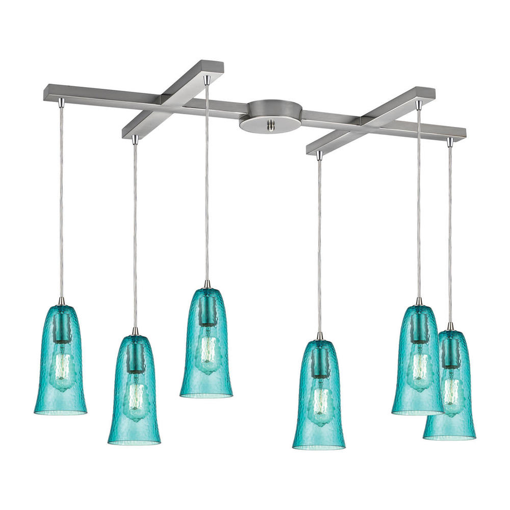 Hammered Glass 6-Light H-Bar Pendant Fixture in Satin Nickel with Hammered Aqua Glass