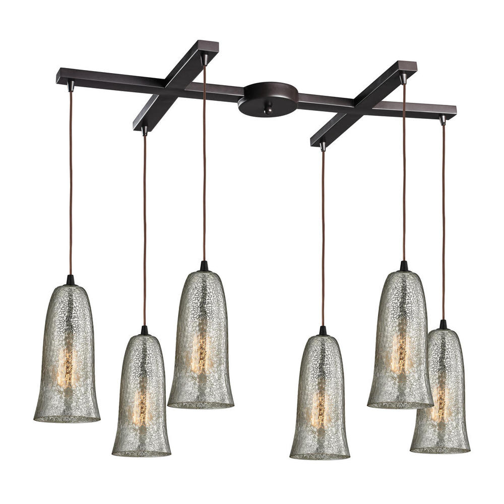 Hammered Glass 6-Light H-Bar Pendant Fixture in Oiled Bronze with Hammered Mercury Glass