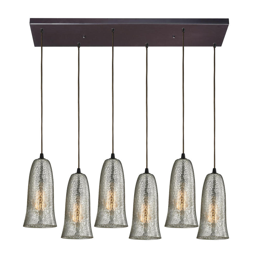 Hammered Glass 6-Light Rectangular Pendant Fixture in Oiled Bronze with Hammered Mercury Glass