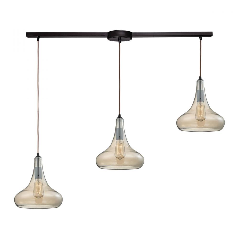 Orbital 3-Light Linear Pendant Fixture in Oil Rubbed Bronze with Light Amber Glass
